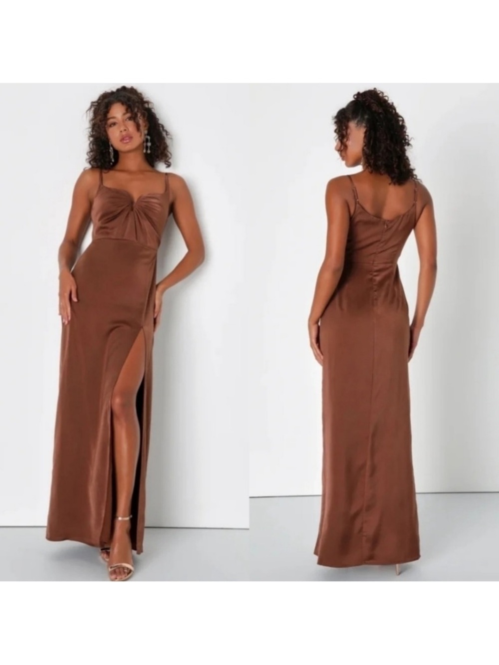 Lulus Lovely Drama Brown Satin Sleeveless A-Line Maxi Dress